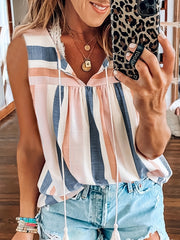 Striped Tank Top Drawstring Sleeveless Blouse