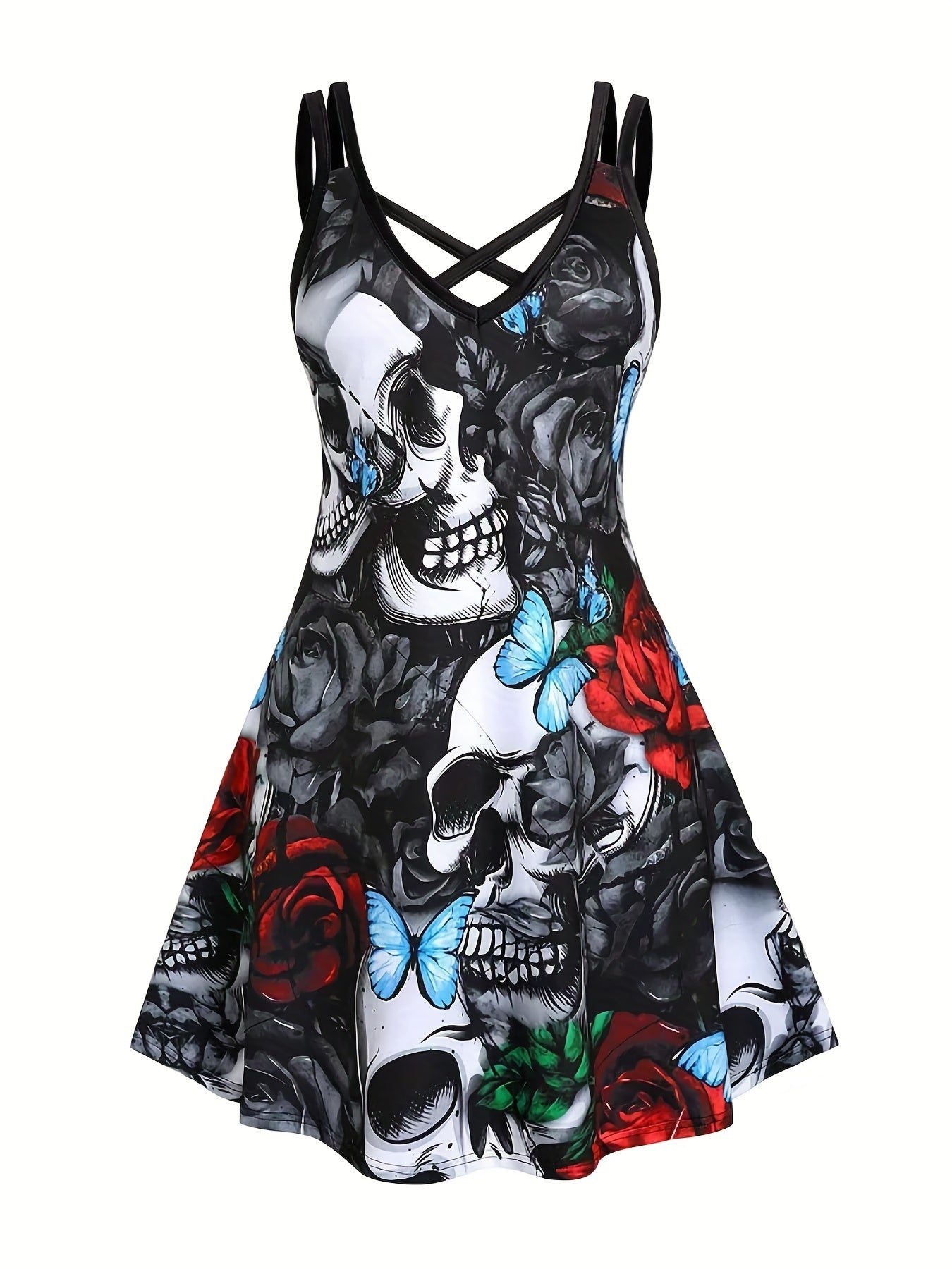 Skull Print Spaghetti Strap Dress Gothic Sleeveless V Neck Dress