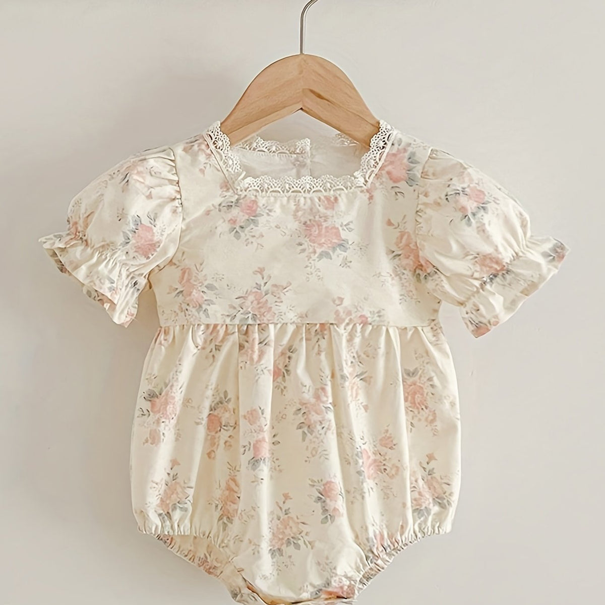 Baby Girl Ruffle Floral Romper With Lace Up Neck
