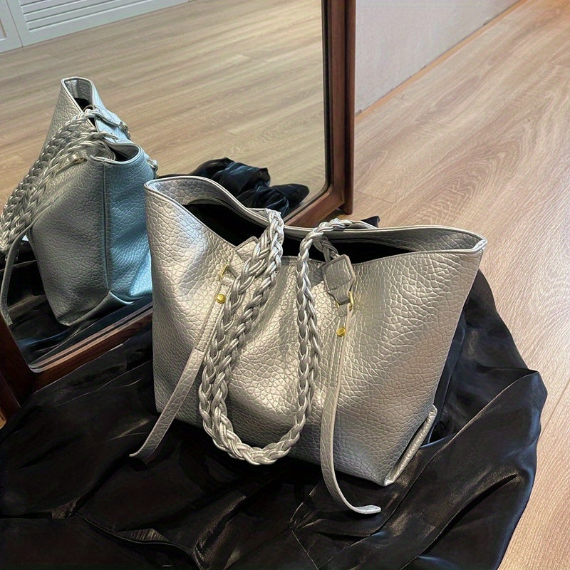 Minimalist Solid Tote Bag Large Capacity Shoulder Bag With Twisted Straps