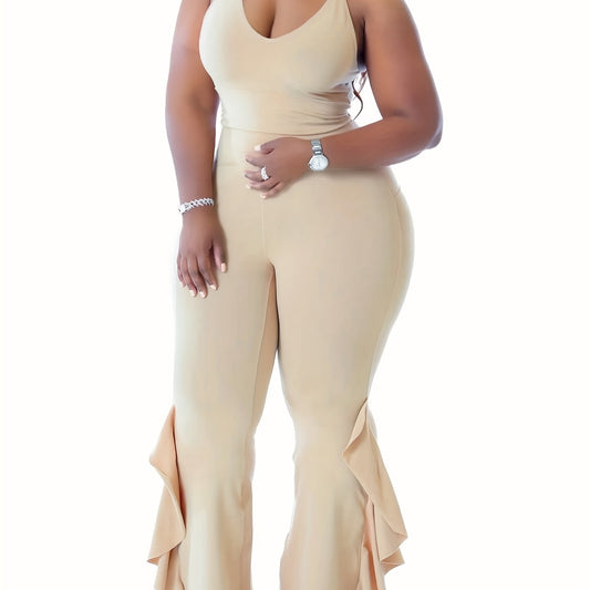  V-Neck Ruffle Trim Flared Leg Jumpsuit