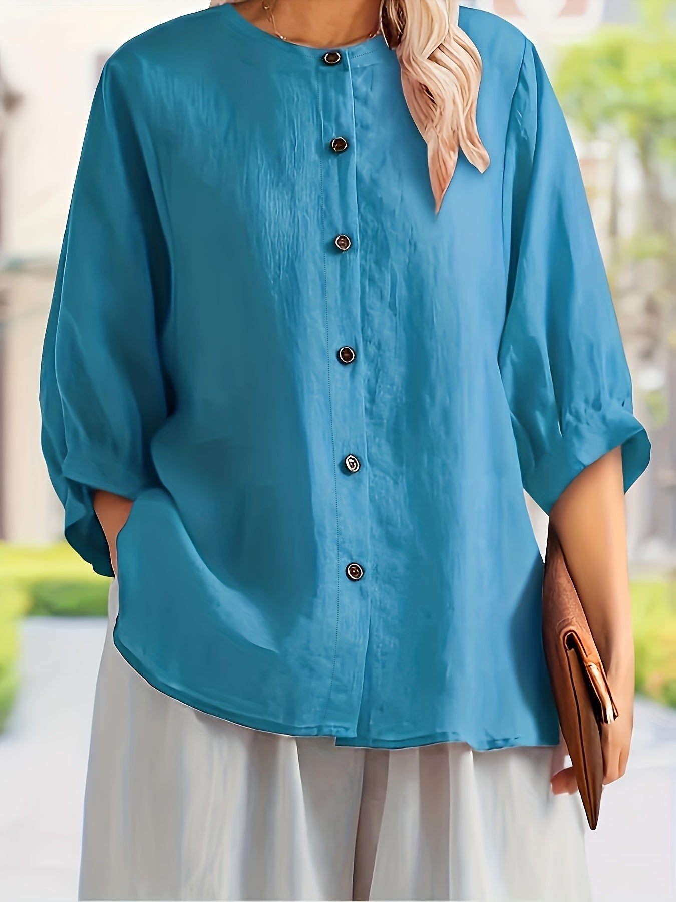  Solid 3/4 Sleeve Mock Neck Blouse