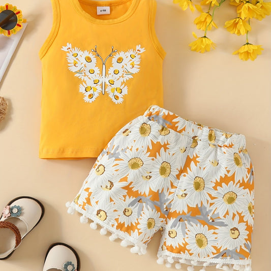 2pcs Baby Girls Butterfly Tank Top & Floral Shorts Set