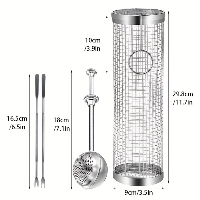 5pcs Stainless Steel BBQ Cage Grill Cage Seasoning Filter BBQ Fork
