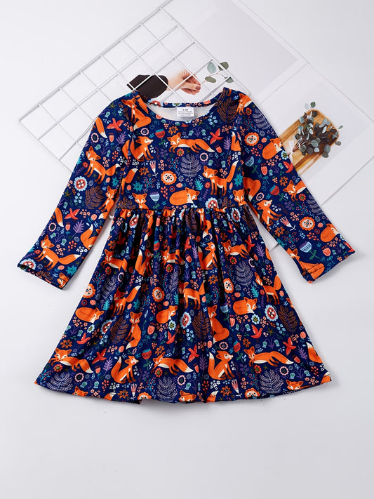 Toddler Girls Long Sleeve Cartoon Fox Stretch Dress
