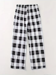  Plaid Print Drawstring Elastic Casual Pants