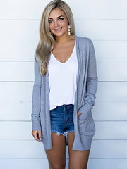  Solid Long Sleeve Open Front Cardigan with Pockets