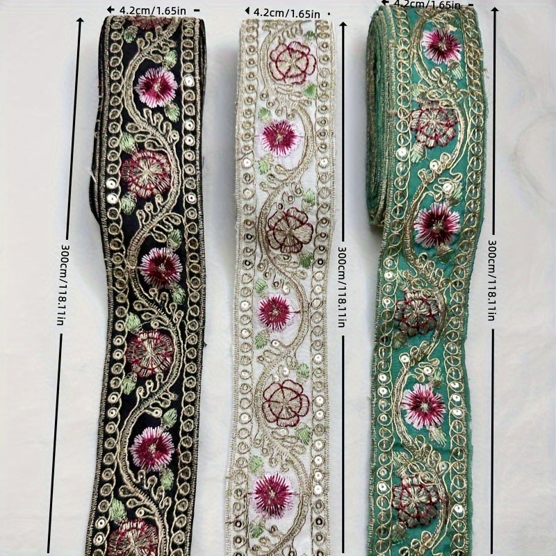 3m Embroidery Sequin Fabric Ribbon Home Decor Crafts 3.28" Width