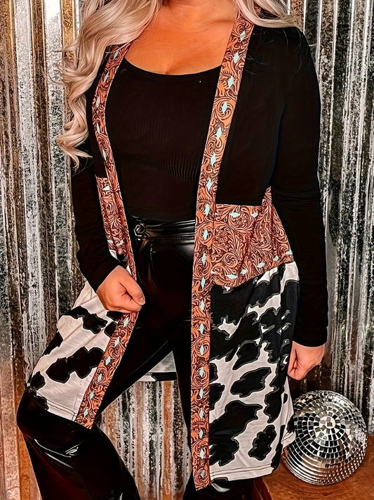  Colorblock Paisley & Cow Print Long Sleeve Cardigan