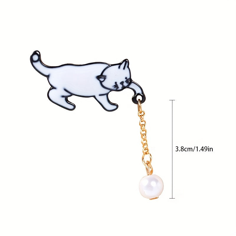 Cute Kitten Pearl Tassel Brooch for Jackets and Hats