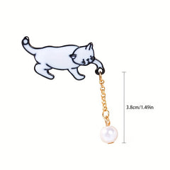 Cute Kitten Pearl Tassel Brooch for Jackets and Hats