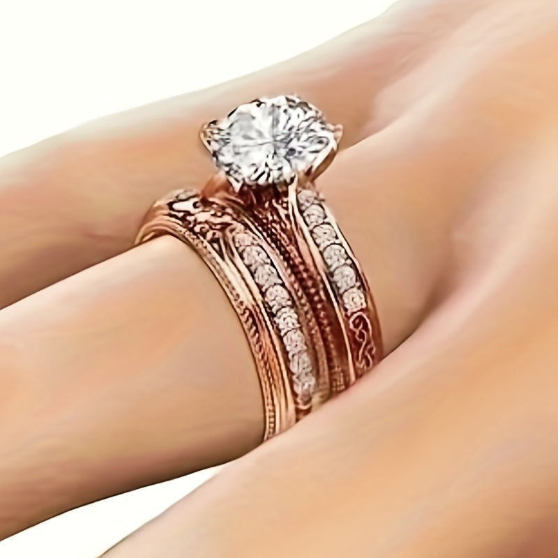 Rose Gold Engagement Ring Set with Diamonds and Engravings - April Birthstone