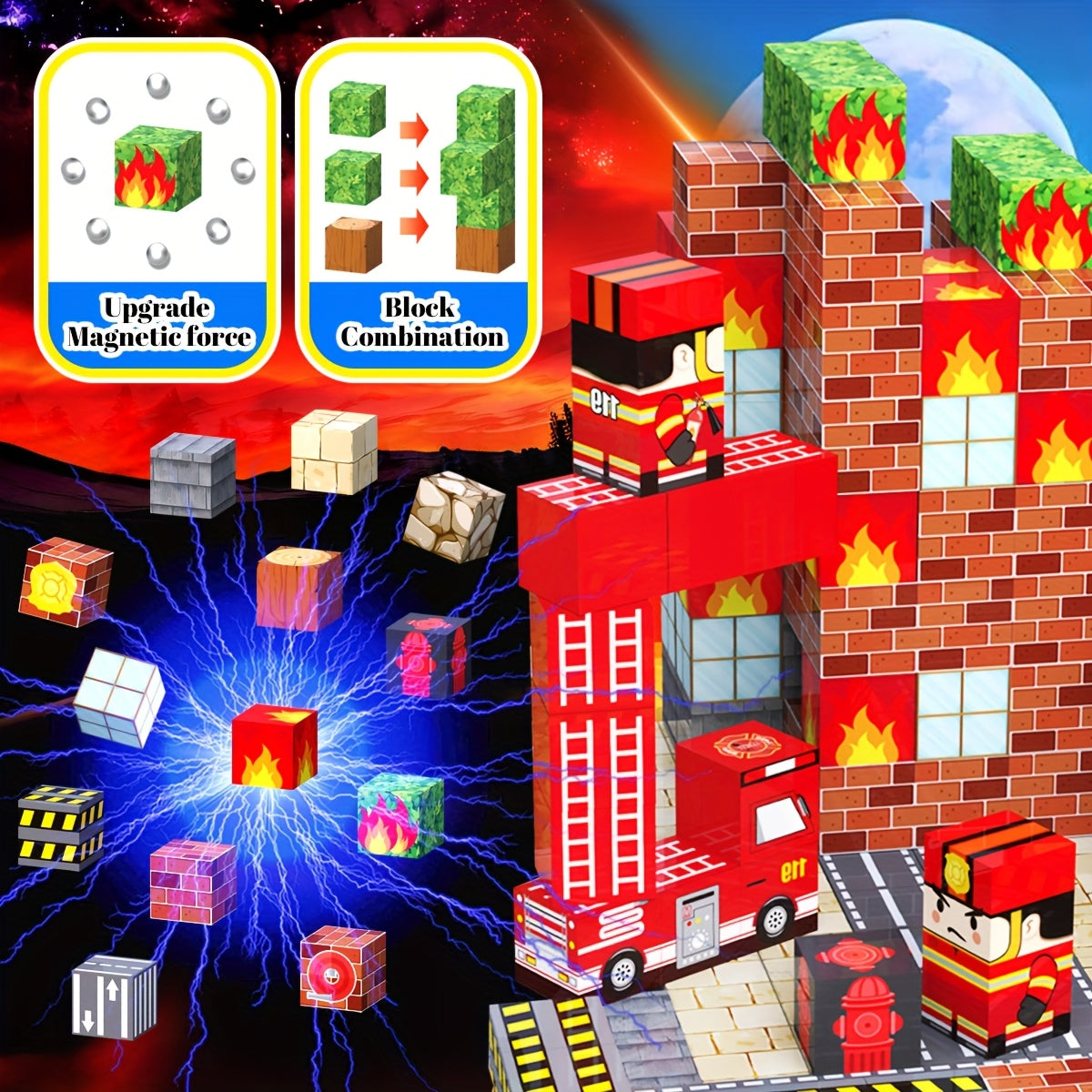 Magnetic Building Blocks Firefighter & Fire Truck Playset Educational Toy