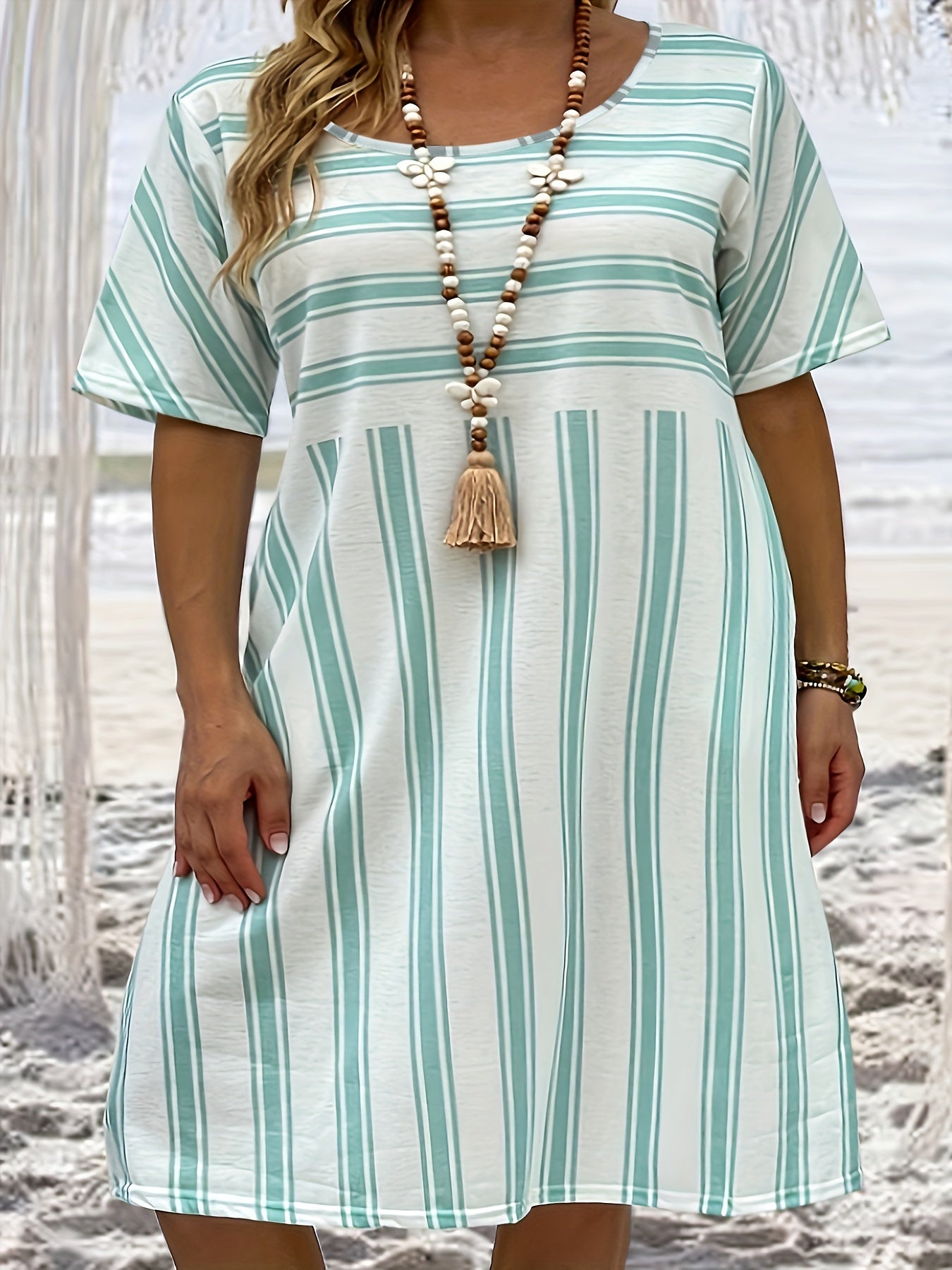  Striped Short Sleeve Midi Dress