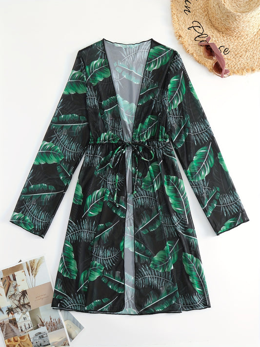 Print Cover Up Shirt Long Sleeves V Neck Drawstring Cover Ups Women's Swimwear