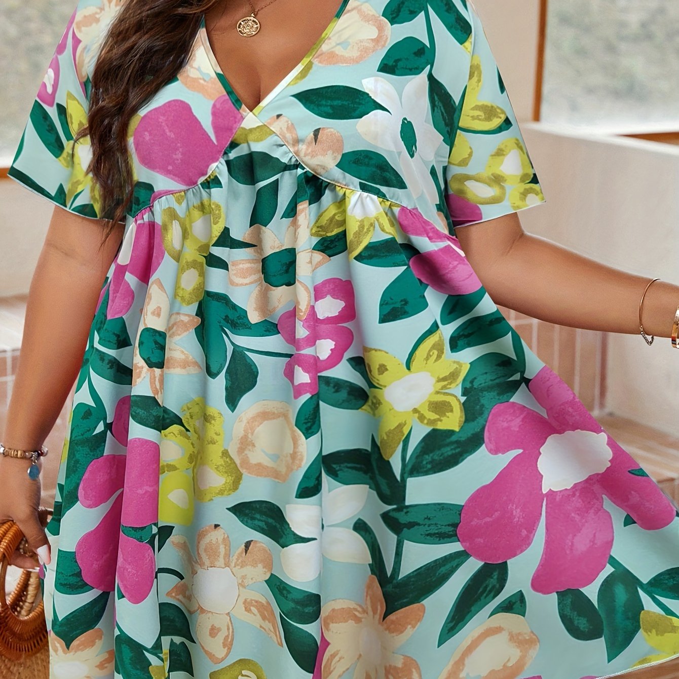  Floral Print Ruffle Sleeve V Neck Mini Dress