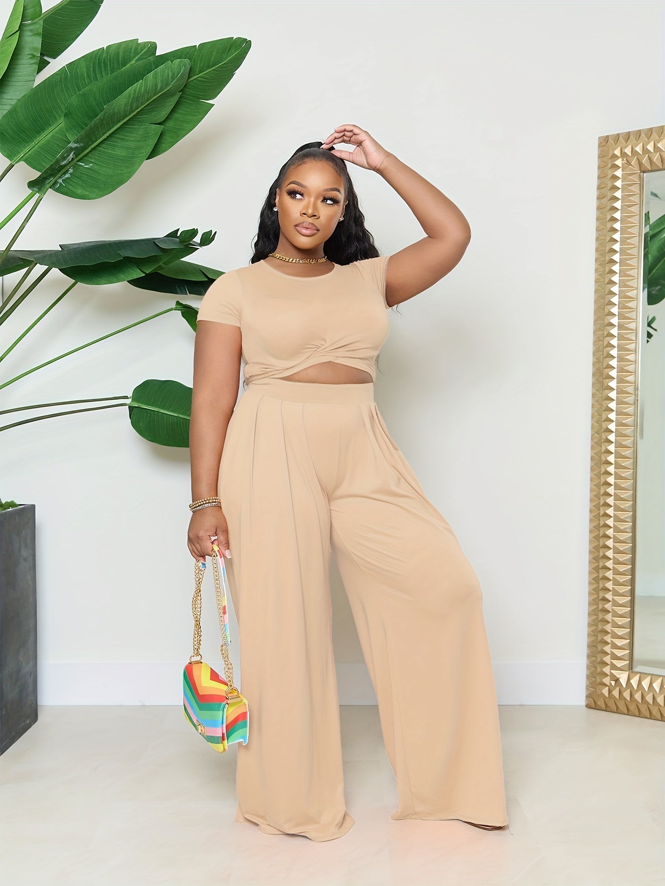  2 Piece Set Women's Short Sleeve Crop Top & Wide Leg Pants