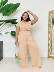  2 Piece Set Women's Short Sleeve Crop Top & Wide Leg Pants