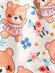Bear Print Long Sleeve Flutter Sleeve Top Stitching Dress Baby