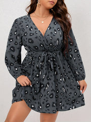  Leopard Print Long Sleeve Mini Dress With Belt