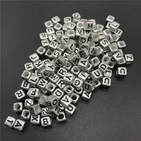 100pcs Antique Silvery Letter Acrylic Beads Cube Spacer DIY Jewelry Making