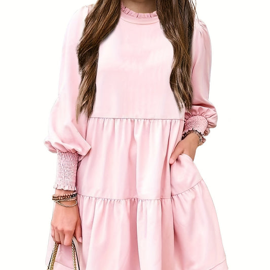 Girls Ruffle Neck Long Sleeve Dress Swing Dress Kids Casual Maxi Dress