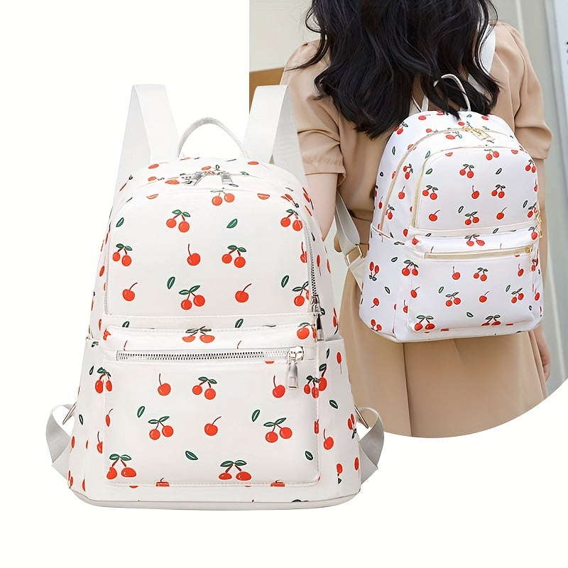Cherry Printed Large Capacity Preppy Backpack Nylon Durable Lightweight