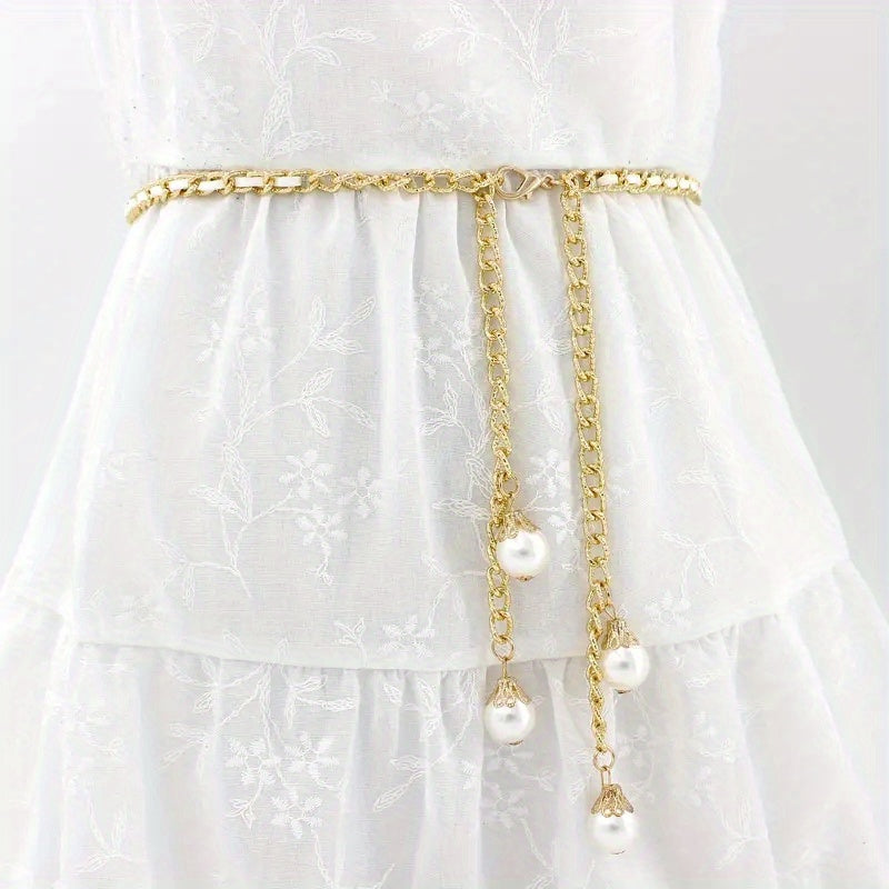 Golden Braided Waist Chain Faux Pearl Pendant for Women