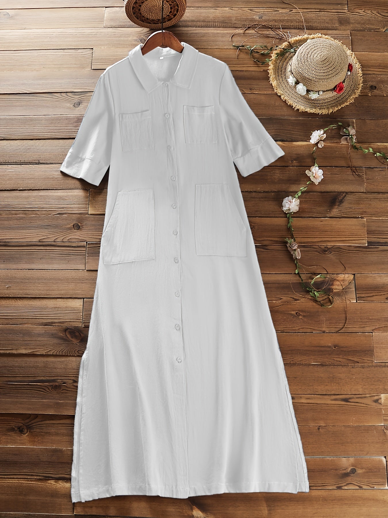  Solid Short Sleeve Collar Shirt Dress