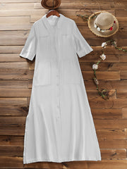  Solid Short Sleeve Collar Shirt Dress