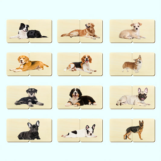 24pcs Wooden Dog Puzzle Animal Matching Cards Educational Game