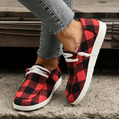 Women's Plaid Canvas Shoes Round Toe Lace Up Flat Sneakers