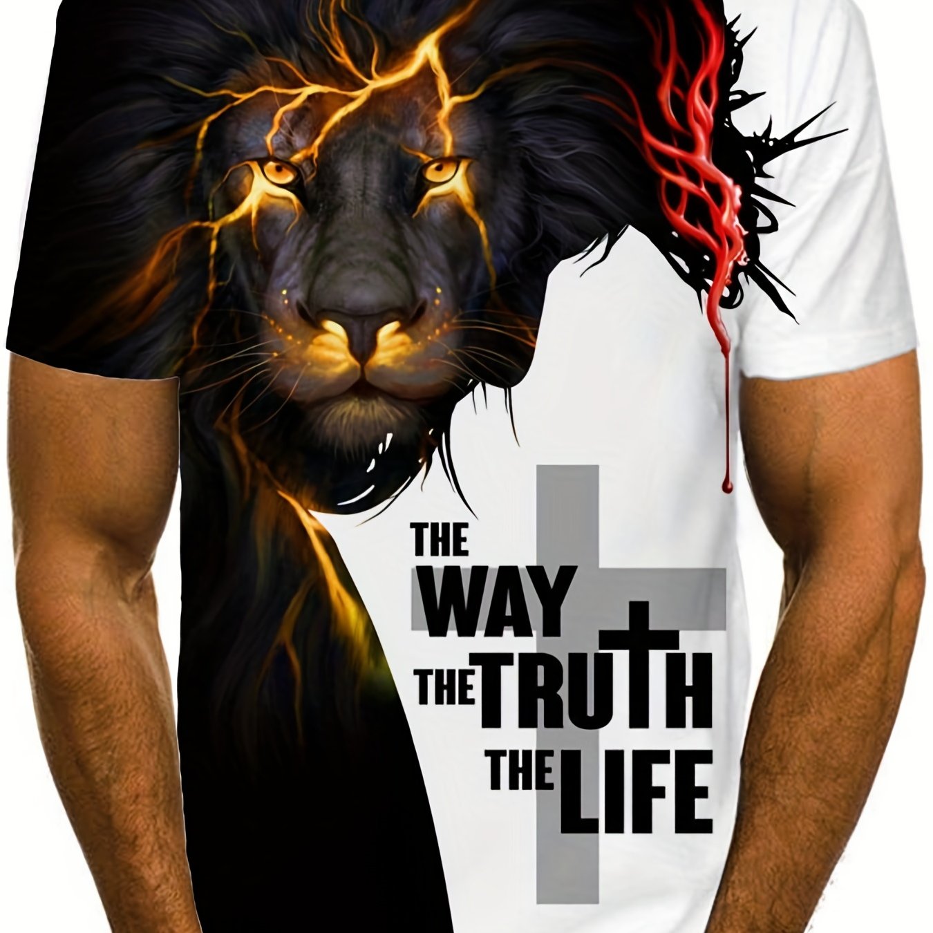 Men's 3D Lion & Cross Graphic Print T-shirt - Casual Crew Neck Tee