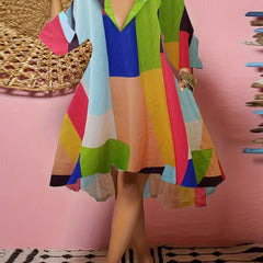  Colorblock Grid Print Half Sleeve V Neck Dress With Pockets