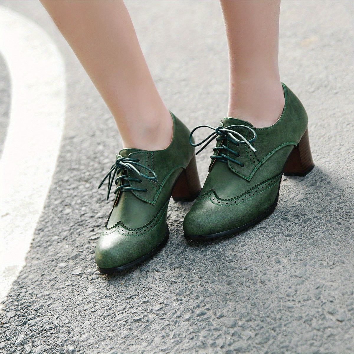 Green High Heel Oxfords Lace Up Faux Leather Stacked Heel Shoes