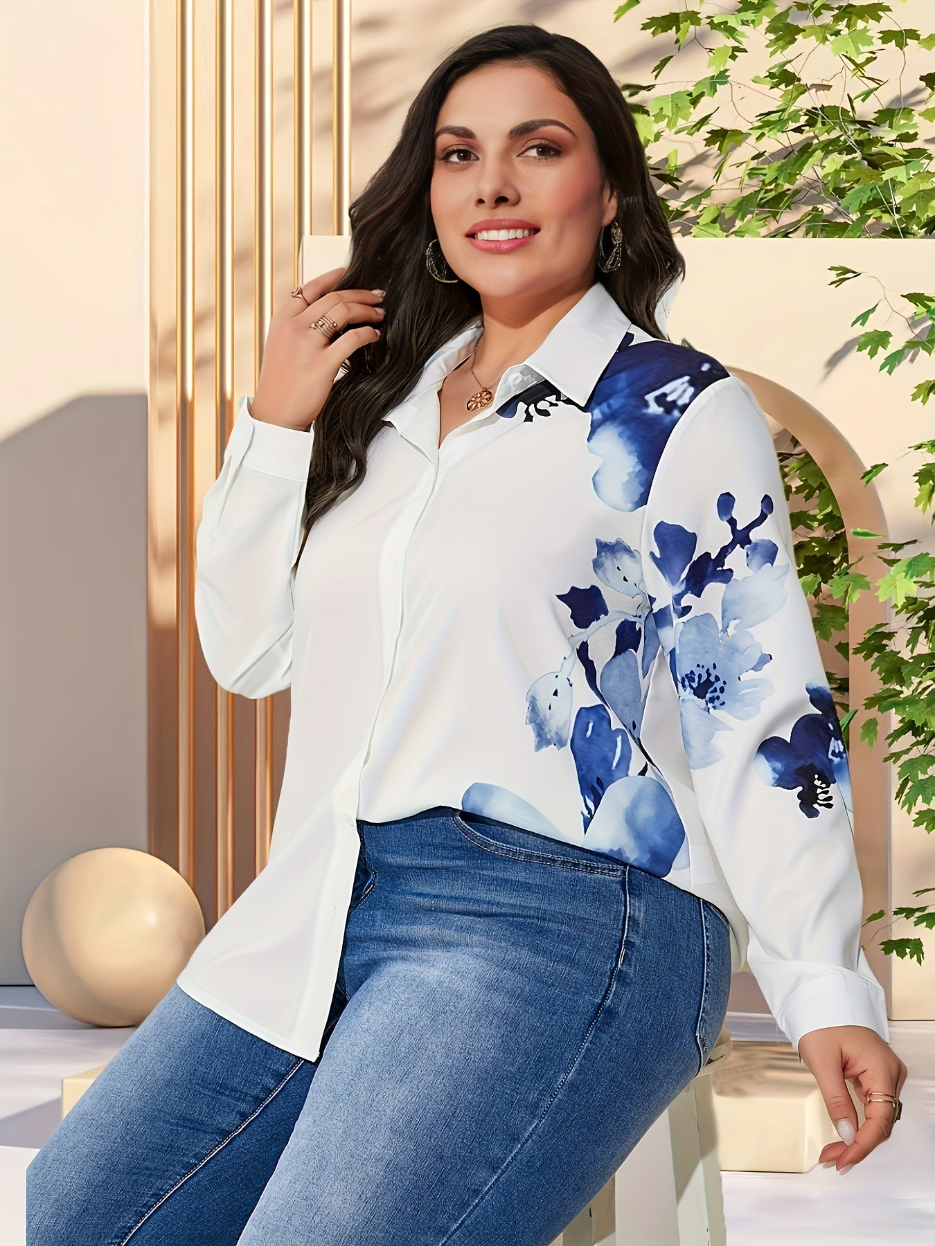  Floral Print Button Up Long Sleeve Blouse