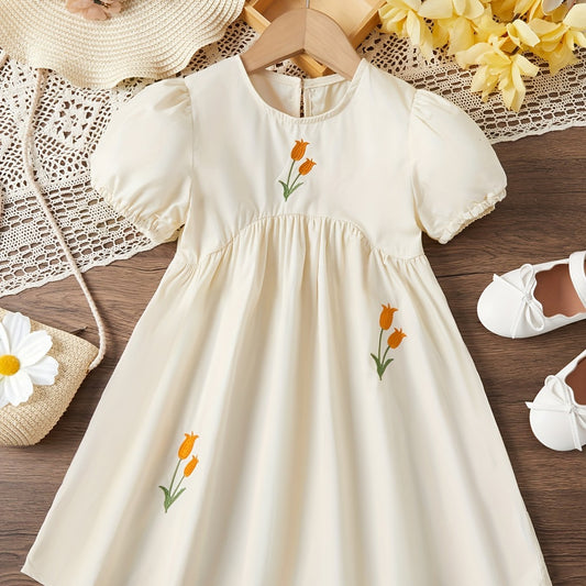 Girls Tulip Flower Embroidered Puff Sleeve Cotton Sweet Casual Dress