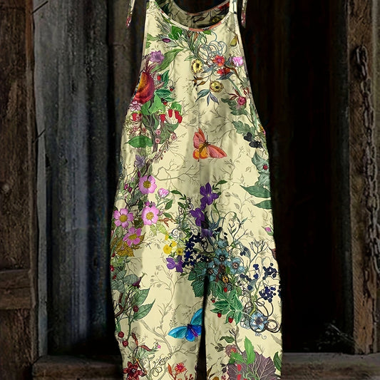  Floral Print Round Neck Tie Shoulder Cami Jumpsuit