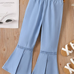 Kid Girls' Frill Trims Bell Bottom Elastic Waist Slim Stretch Flared Pants