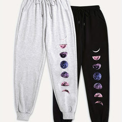 2 Pack Plus Size Moon Print Elastic Drawstring Tapered Leg Pants