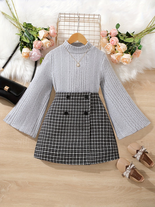 Girl's 2pcs Trumpet Sleeve Top & Houndstooth Skirt Set Casual Outfits
