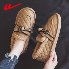 Women's Bowknot Decor Slippers Plush Lined Shoes