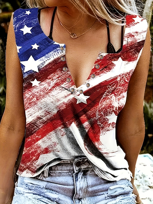Flag Print Tank Top Sleeveless V Neck Tank Top