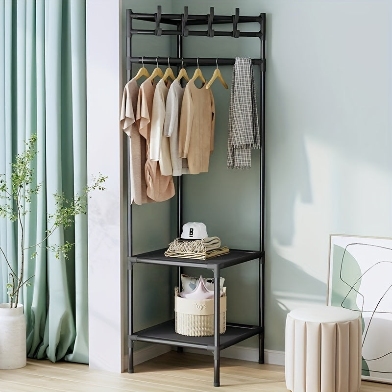 Sturdy Coat Rack with 2 Storage Layers and 4 Double Hooks