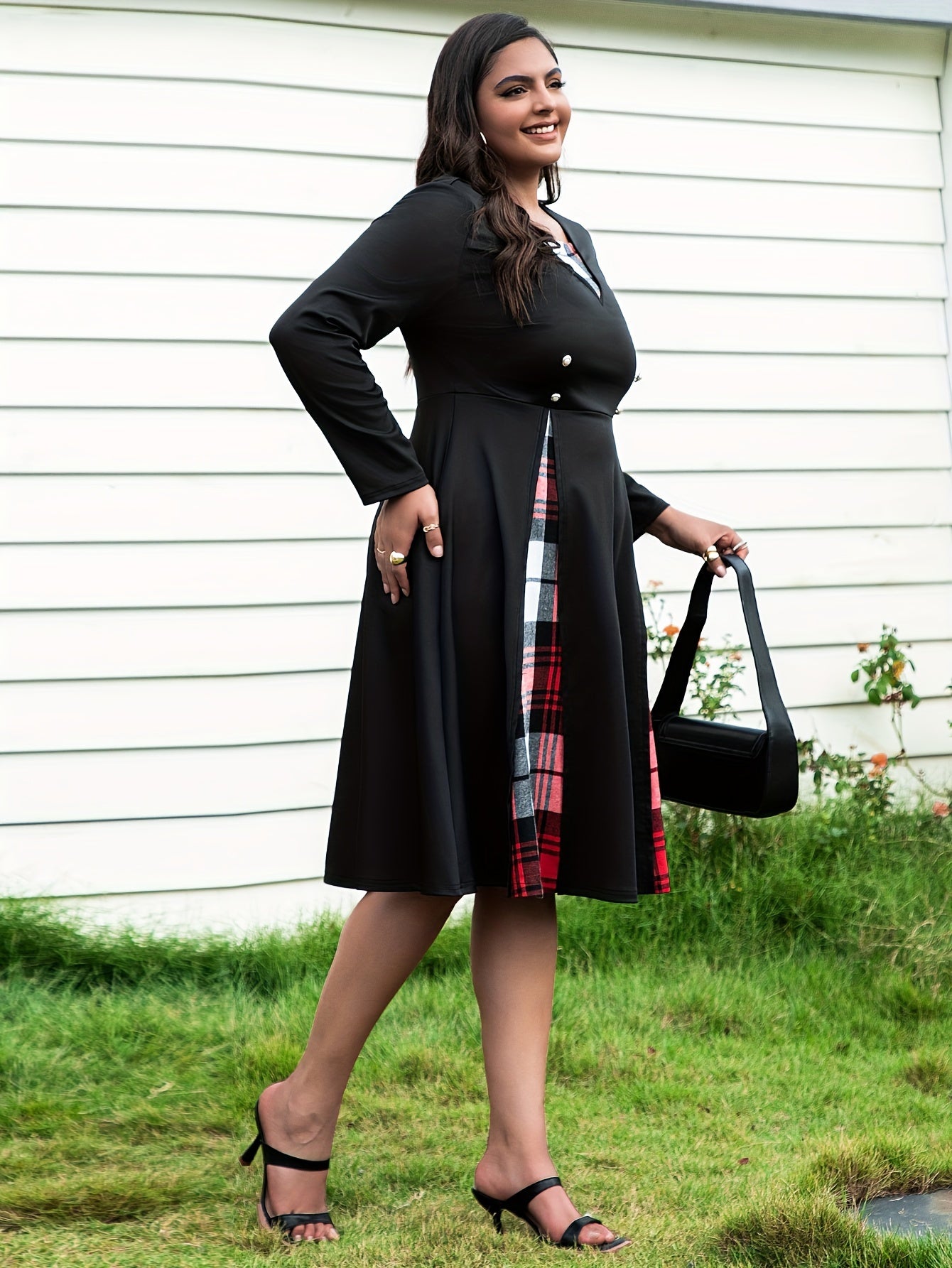  Plaid Print Button Decor Long Sleeve Dress