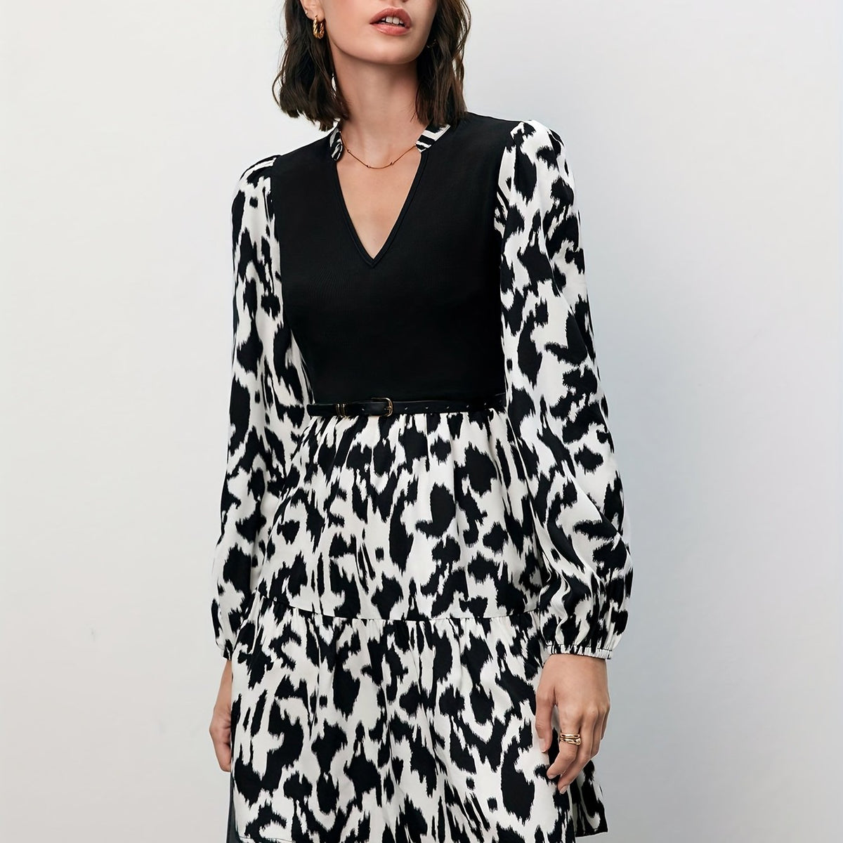  Colorblock Leopard Print Lantern Sleeve V Neck Smock Dress