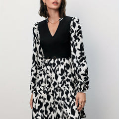  Colorblock Leopard Print Lantern Sleeve V Neck Smock Dress