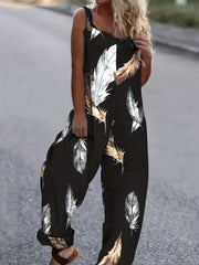 Feather Print Tank Jumpsuit Sleeveless Casual Jumpsuit