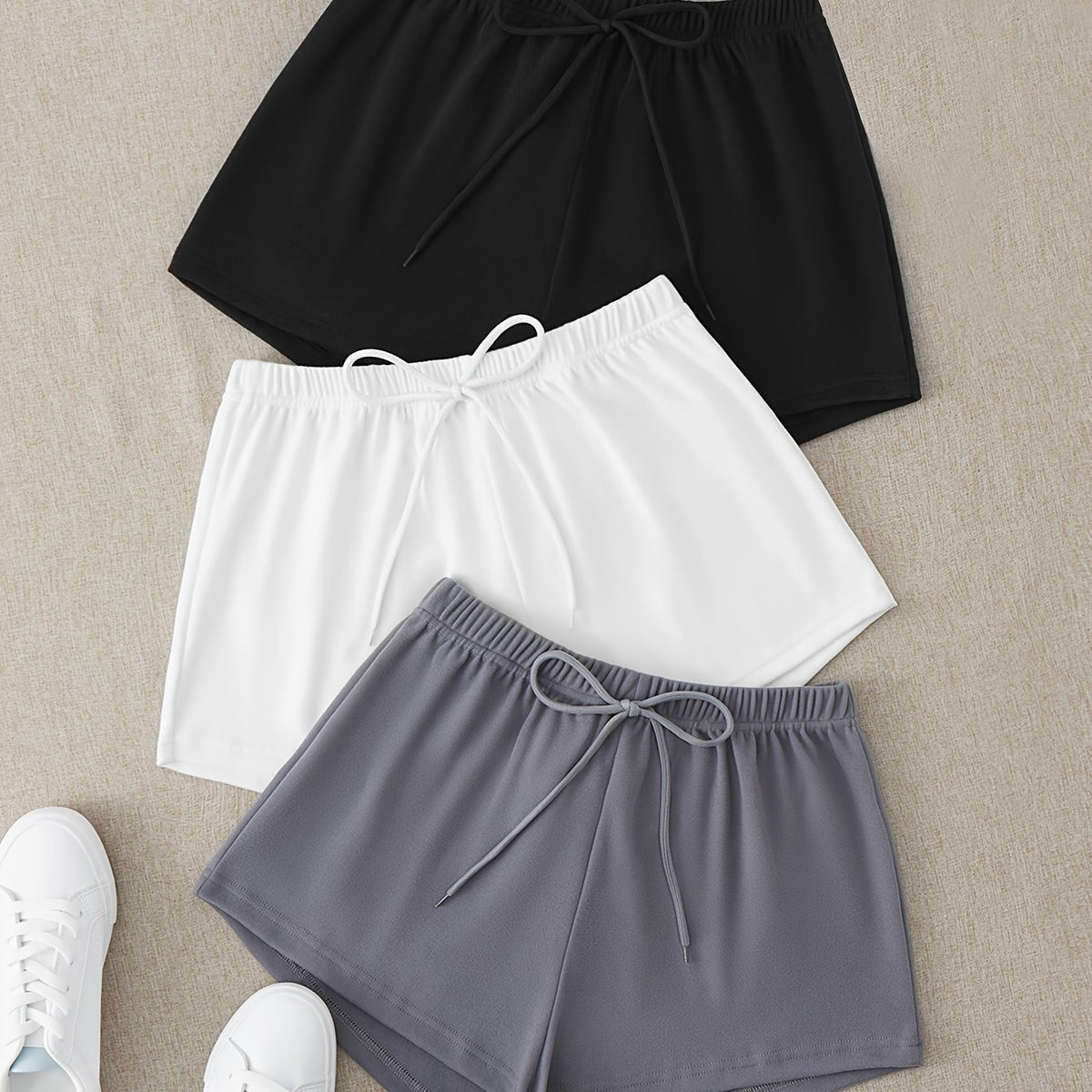 3 Sets Bow Solid Lounge Bottoms Elastic Waistband Shorts Womens Loungewear