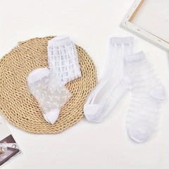 4 Pairs Semi Sheer Stripe & Dot Pattern Socks Mid Tube